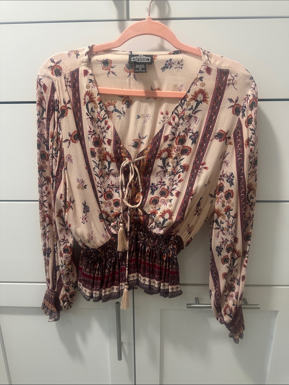 Angie Multi ColorFloral Peasant Blouse with Burgundy Trim